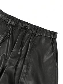 SLATEMANN Men's Black PU Leather Shorts, Fashionable Casual Versatile Bermuda Shorts, Rivet Design - Black - View 4