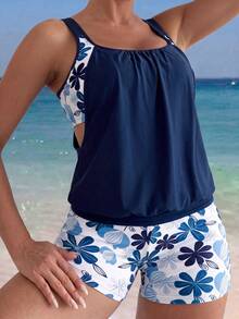 Swim Lushoire Beach Vacation Halter Top And Shorts Tankini Set, Hot Selling For Spring/Summer - Blue - View 5