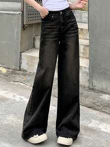 DAZY Washed Flared Wide-Leg Denim Pants,Baggy Jeans Y2k Low Rise Jeans - Black - View 8