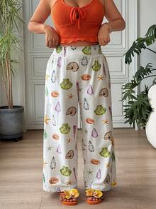 SHEIN EZwear Quần Palazzo ống rộng cạp cao dáng suông in họa tiết dành cho nữ cỡ lớn, thích hợp cho đi biển và kỳ nghỉ. - Nhiều màu - Xem 1