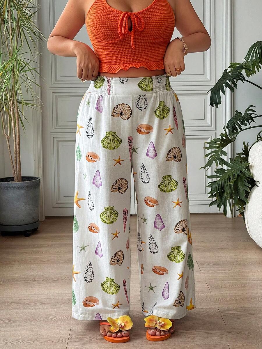 SHEIN EZwear Quần Palazzo ống rộng cạp cao dáng suông in họa tiết dành cho nữ cỡ lớn, thích hợp cho đi biển và kỳ nghỉ. - Nhiều màu - Xem 1