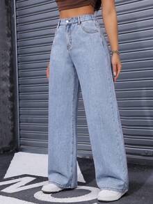 SHEIN ICON Plus Size Women Versatile Pocketed Button Fly Summer Jeans Back-To-School Graduation Light Blue Casual Formal - Blue - View 3