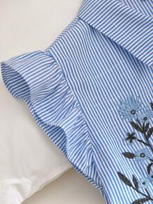 Story & Sage 女款休閒優雅度假刺繡襯衫 荷葉袖 淺藍白條紋 春夏款 適合高爾夫、辦公場合 - 藍色 - 查看 5