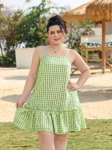 SHEIN EZwear Vestido de vacaciones holgado con estampado de cuadros azul marino de talla grande - verde menta - Ver 3