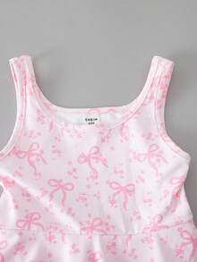 SHEIN 女童粉色运动连体裤，数码印花甜美蝴蝶结防走光运动裙，内置短裤，网球裙，健身瑜伽裙 - 粉色 - 查看 3