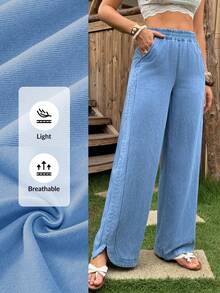 Breezaya Quần jeans nữ ống rộng, cạp chun, có túi, dáng rộng, phong cách thường ngày. - Màu xanh lam - Xem 6