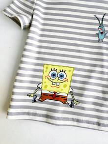 SpongeBob SquarePants | SHEIN 男婴条纹短袖上衣和裤子，贴身睡衣 - 灰色 - 查看 6