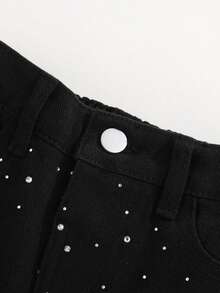 SHEIN Boys' Summer New Denim Shorts With Rhinestone Decor, Elastic Waist, Fashionable Street Style, Comfortable Fit, Versatile For Summer Back-To-School 80s - Black - View 4