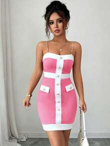 Elenzga Women's Contrast Color Button Design Slim Fit Elegant Camisole Dress - Pink - View 4