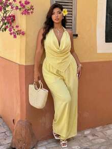 Auralis 2-Piece Set Women's Butter Yellow Summer Beach Holiday Elegant Linen Outfits,Square Scarf Hem Halter Top And Wide-Leg Pants Graduation Outfit Sets - Yellow - View 8