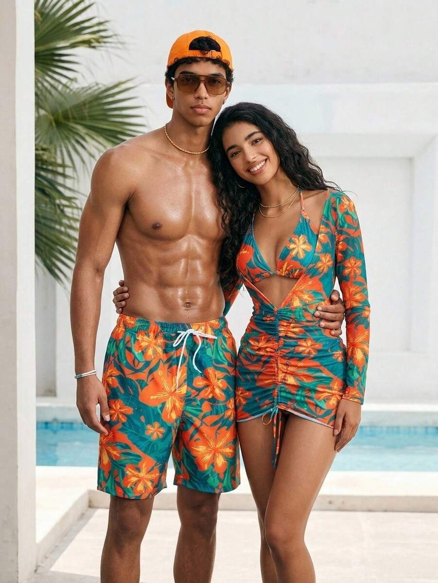 Azuldrift 1pc Men Floral Print Loose Fit Beach Shorts, Vacation Style Couples Matching Swimwear Vacation For Beach,Hawaiian - Multicolor - View 1
