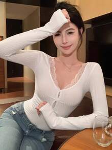 DAZY Women's V-Neck Lace Patchwork Long Sleeve Simple T-Shirt For Casual Everyday Wear,Fall Clothes - White - View 5