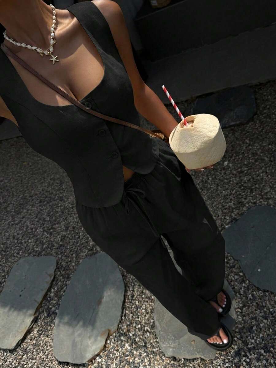 SHEIN EZwear 女士黑色亚麻吊带背心和抽绳腰长裤套装 - 黑色 - 查看 1