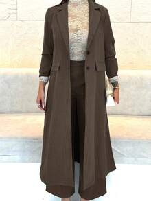 Shopreo Dark Grey Lapel Shoulder Long Suit Pants For Women - Coffee Brown - View 2