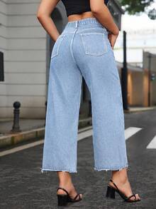 SHEIN ICON 大码女式休闲毛边直筒牛仔裤 - 淺色水洗藍 - 查看 2