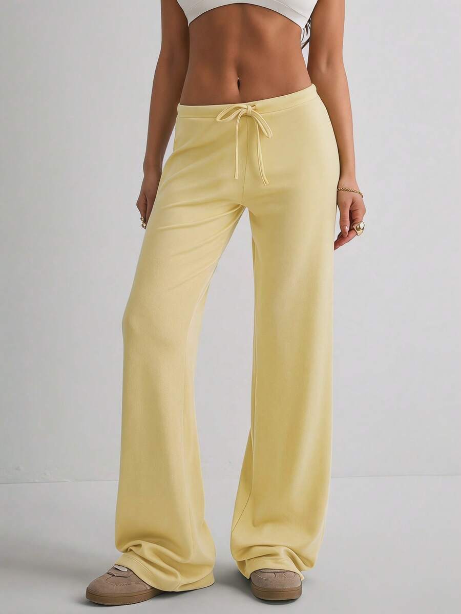 Pantalones casuales de pierna recta larga de unicolor para mujer con elasticidad media - Amarillo - Ver 1