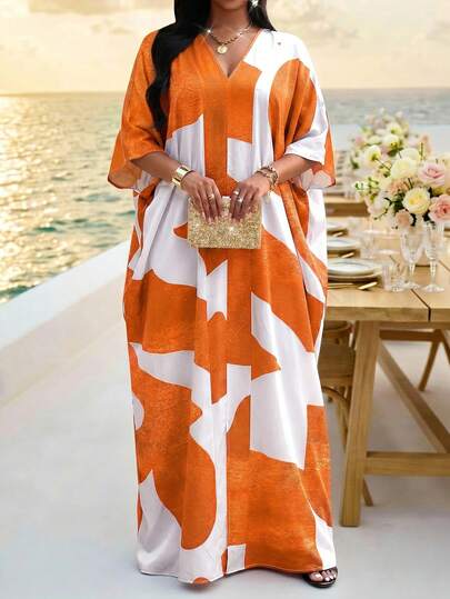 Fleurora Spring And Summer Casual Elegant Boho Casual Outing Beach Colorful Orange Woven V Neck Ball Gown Batwing Sleeve Long Quarter Sleeves Plus Size Dresses Summer Dresses For Women Summer Dresses Summer Outfits For Women Beach Dress Casual Dresses For Women Casual Dress Vacation Outfits Women Summer Holiday Outfits Holiday Dresses Vacation Dresses Plus Size Casual Contrast Color Print Batwing Sleeve Dress Kaftan Summer Dresses Summer Outfit For Women Beachwear Dress Red And White Kaftan Dress Plus Size Women Geometric Print V-Neck 3/4 Sleeve Loose Casual Dress Orange Dress