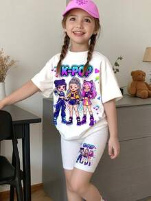2pcs/Set Cartoon Young Girl, Cream White, K-Pop Superstars Cartoon Girl Group Print, Round Neck Short Sleeve Shorts Set, Suitable For Summer - Multicolor - View 2