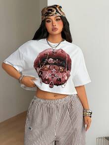 Coolane Áo thun crop nữ size lớn phong cách đường phố vintage Y2K hip-hop casual mặc hàng ngày đi chơi xuân hè in hình môi - trắng - Xem 3