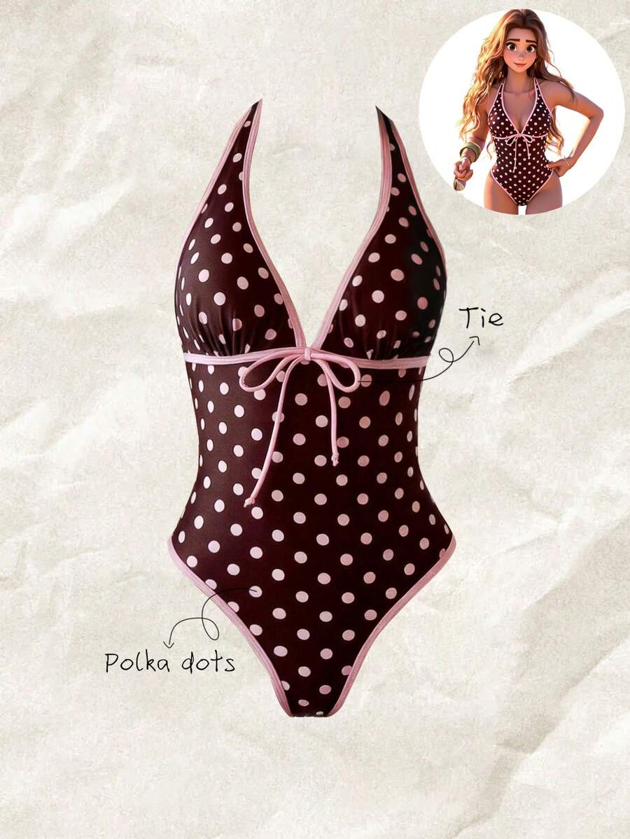 Elavelle Women's Random Print Halter Bowknot Deep V One-Piece Swimsuit, Spring/Summer Golf White Sexy - Multicolor - View 1