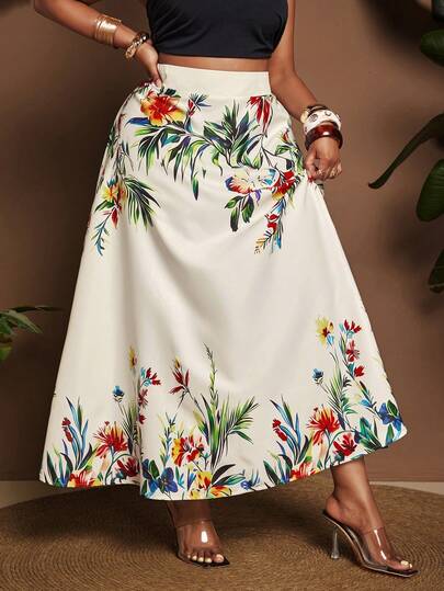 Maweii Plus Size Women Tropical Plant Pattern High Waist Casual Skirt
