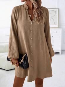 SHEIN Women's Solid Color V-Neck Lantern Sleeve Button Design Casual Dress Teachers' Day Picnic Khaki Autumn - Khaki - View 3