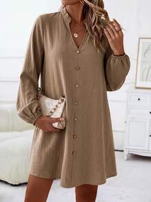 SHEIN Women's Solid Color V-Neck Lantern Sleeve Button Design Casual Dress Teachers' Day Picnic Khaki Autumn - Khaki - View 4