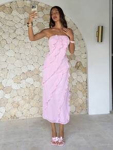 Aloruh Women's Summer Beach Day Party Date Wedding Romantic Elegant Soft Pink Voluminous Ruffled Hem Strapless Dress - Pink - View 3