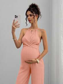 Momance Bộ áo liền quần cho bà bầu bằng hạt gỗ, kiểu cổ yếm, buộc nơ phía trước. - Hồng - Xem 5