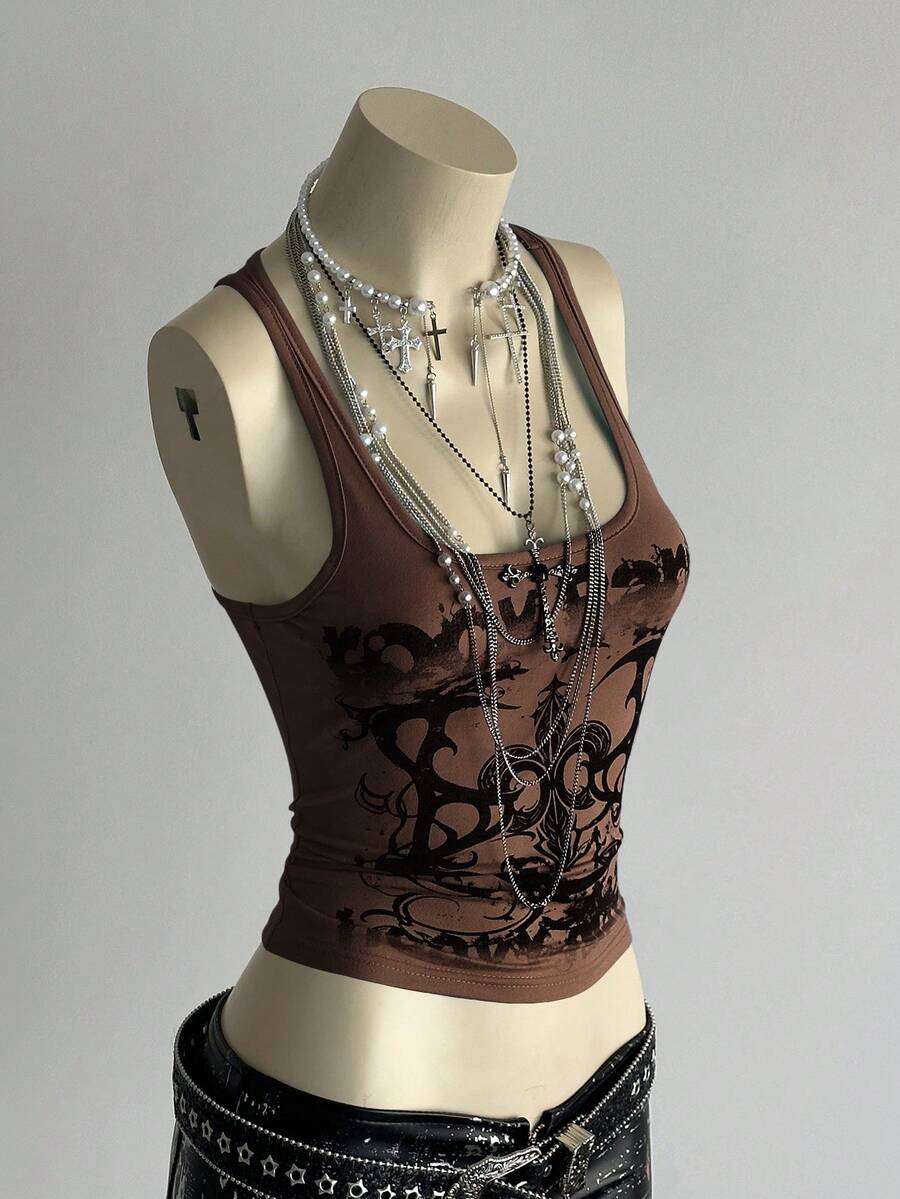 SHEIN DivaQ Women's Street Subculture Letter Punk Print Tank Top - Coffee Brown - View 1