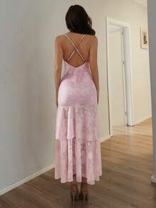 SHEIN Allurite Summer European And American Sweet Lolita Elegant Romantic Style Spaghetti Strap Multi-Layer Asymmetrical Patchwork Fishtail Pink Mesh Jacquard Dress - Pink - View 2
