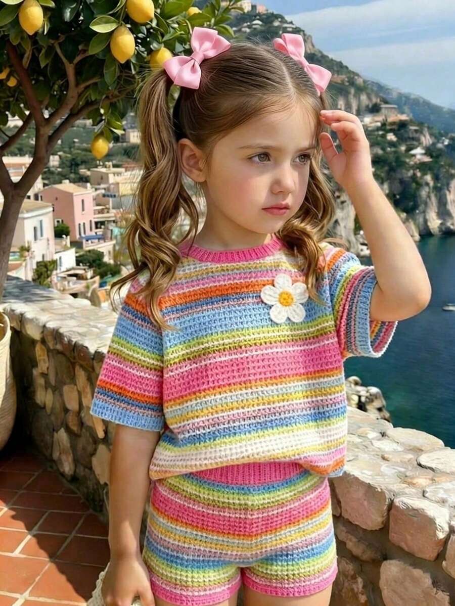 Spring And Summer Girls Casual Fashionable Creative Colorful Striped Floral Print T-Shirt - Multicolor - View 1
