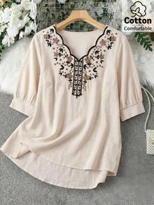 Solavon Women's Floral Print Pleated Casual Boho Versatile Daily Wear Shirt Vacation Beige Summer - Apricot - View 2