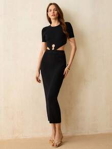 CielaLinda Vestido midi de punto con abertura y decoración, de manga corta para mujer - Negro - Ver 3