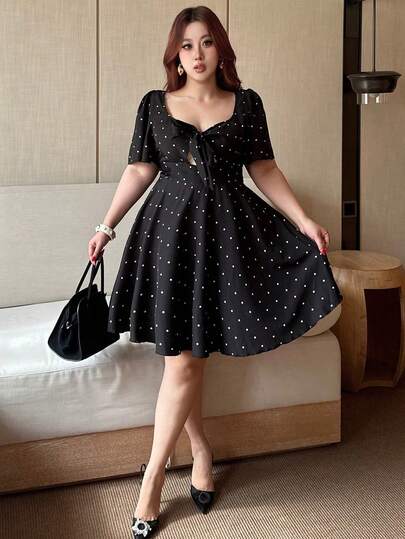Vibekara Plus Size Asymmetrical Square Neck Tie-Knot Ruffle Sleeve Cinched Waist Sexy Dress