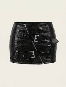 SHEIN ICON Y2K黑色PU迷你裙，斜拉链和腰带设计 - 黑色 - 查看 7