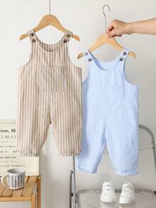 2pcs Newborn Baby Boy Casual Cute Striped Overalls & Pants Set, Suitable For Summer & Spring - Multicolor - View 2