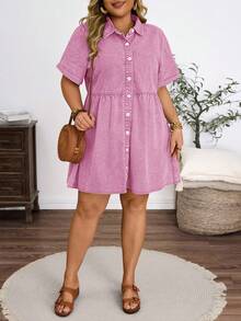 EMERY ROSE Plus Size Women's Vintage Washed Denim Snowflake Print Dress, Spring/Summer - Baby Pink - View 5