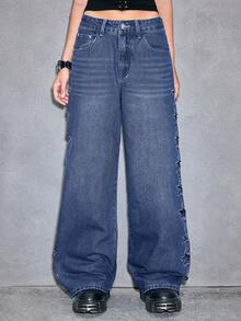 ROMWE Quần jeans denim xanh rách kiểu Y2K phong cách thường ngày với họa tiết ngôi sao và đính đá lấp lánh dành cho nữ. - Màu xanh lam - Xem 4