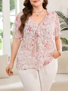 SHEIN Clasi Áo sơ mi nữ size lớn họa tiết hoa, gấu bèo nhún, thắt nơ trước - Nhiều màu - Xem 4