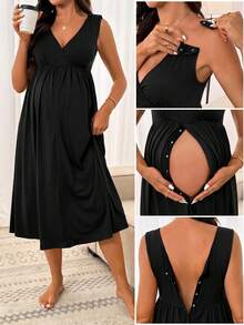 Slowluna Solid Color V-Neck Button Design Sleeveless Midi Dress - Black - View 1