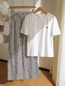 SHEIN Teenager Mädchen Herz Dekor Rundhals Kurzarm lässig T-Shirt Set, Sommer - Verschiedenfarbig - Übersicht 4