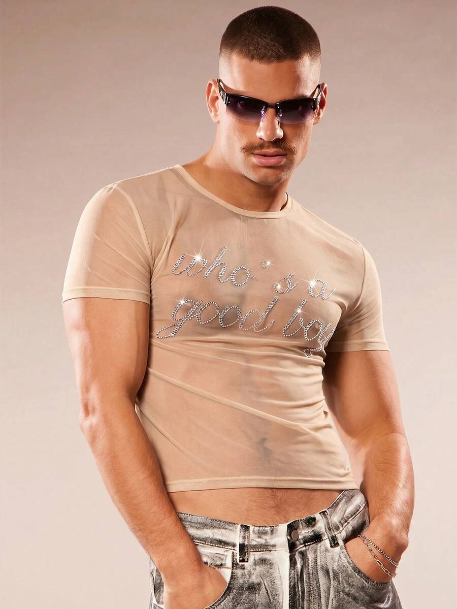FeverCity Men's Letter Rhinestone Decor Sheer Round Neck Short Sleeve T-Shirt - Khaki - View 1