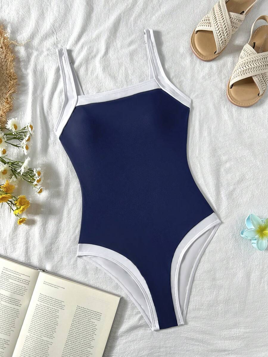 SHEIN Áo tắm liền thân màu xanh coban phối viền tương phản trắng dành cho thiếu nữ, thích hợp cho kỳ nghỉ hè ở bãi biển. - Xanh đậm - Xem 1
