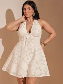 SHEIN BAE Plus Size Women's White Halter A-Line Backless Elegant Summer Dress Brunch - White - View 7