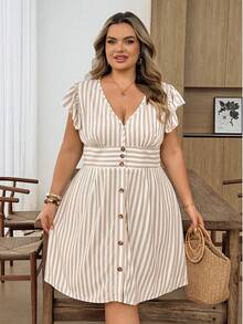 CURVE+ Vestido mini de línea A con mangas de murciélago a rayas, cuello en V y cintura con lazo para talla grande, vestido de verano para mujer con botones, vestido de vacaciones, vestido de verano de manga corta, vestido de verano elegante, vestido de vacaciones casual con manga con volantes, conjunto de vacaciones para mujer, vestido elegante para mujer para graduación, invitada de boda, conjunto de playa, vestido para el Día de la Madre, vestido de línea A, vestido mini que ciñe la cintura, atuendo de oficina para mujer - Multicolor - Ver 6