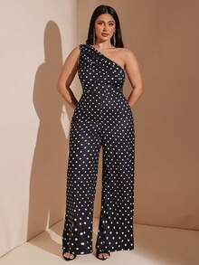 SHEIN BAE CURVE 大码女式不对称肩部阔腿黑白波点连体裤 - 黑與白 - 查看 6