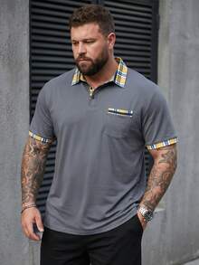 Men's Plus Size Color-Block Short Sleeve Polo Shirt, Summer - Grey - View 3
