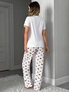 SHEIN Cute Leopard Heart & Bow Print Short Sleeve Casual Pajama Set - Multicolor - View 2