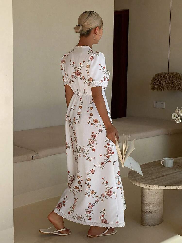 Women's Floral Print Twist Front Short Sleeve Nightgown, Elegant Summer